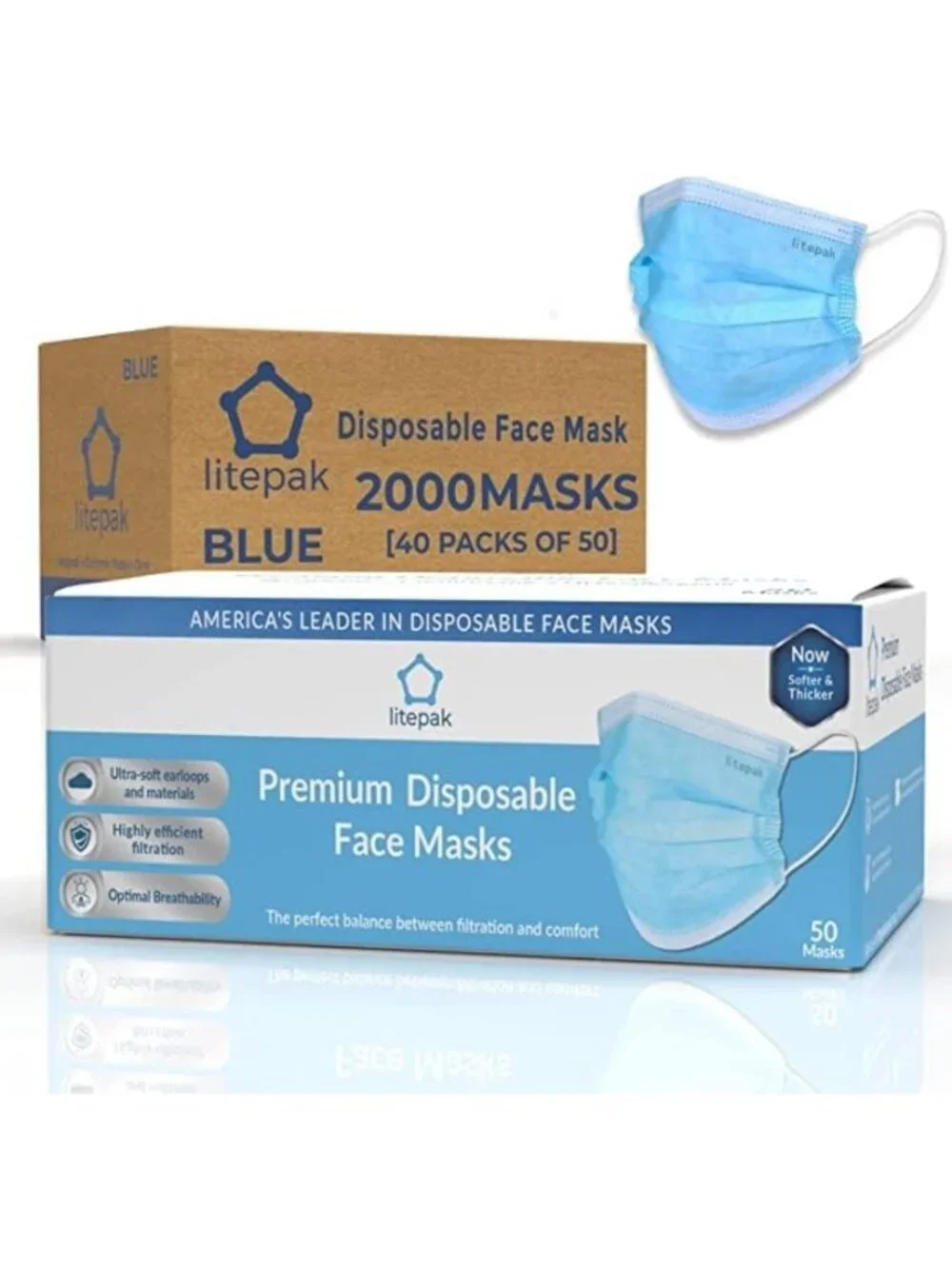 2000pcs Black Disposable Face Masks - 3-Ply, Breathable, Nose Wire Protection